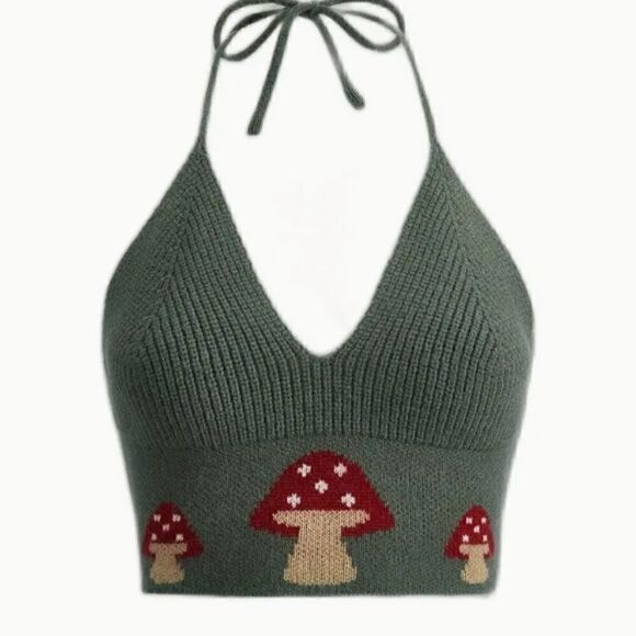 NEW! Y2K Mushroom Graphic Knit Halter Crop Top Sexy Casual Summer Sweater Retro - Picture 1 of 5